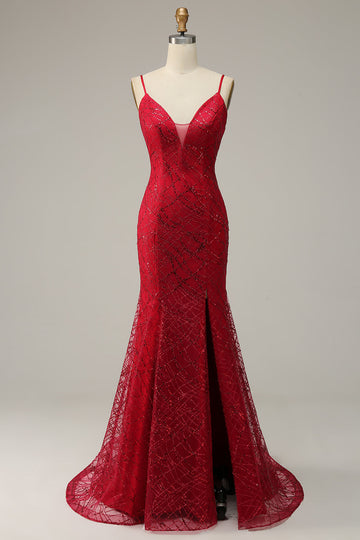 Spaghetti rosso scuro Mermaid Prom Dress con spacco